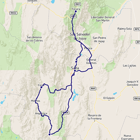 Routekaart flydrive Salta en omgeving