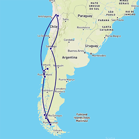 Routekaart rondreis Chili in 3 weken