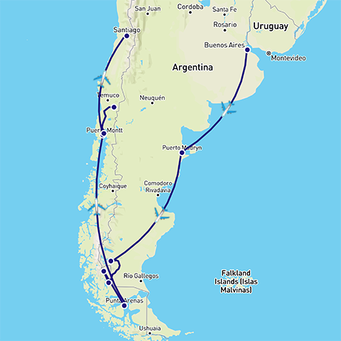 Routekaart rondreis Patagonië Chili en Argentinië