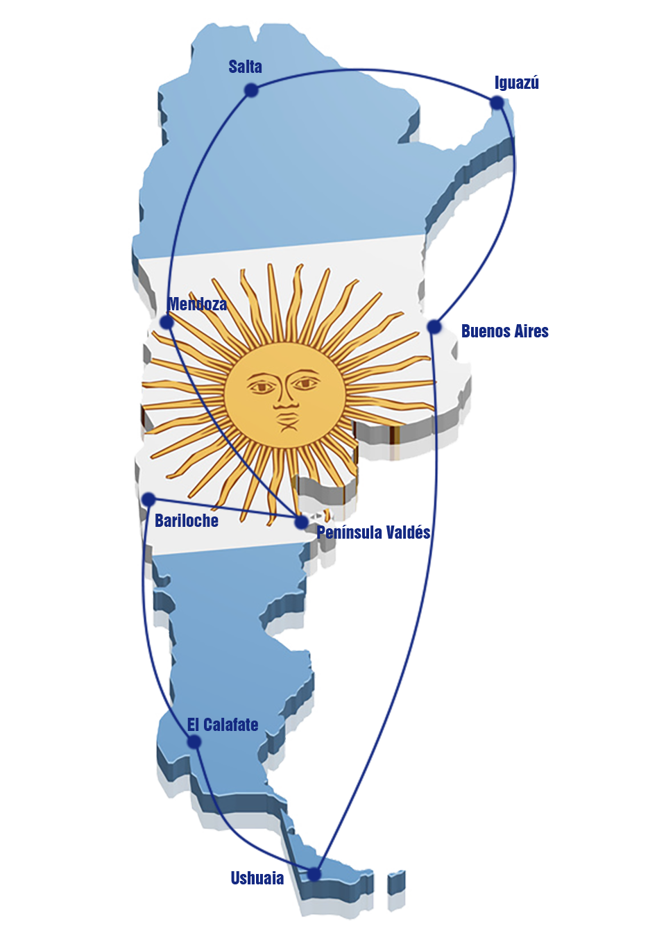 Zo ziet de complete route van deze rondreis Argentinië eruit op de kaart van Argentinië Kaart Argentinië rondreis