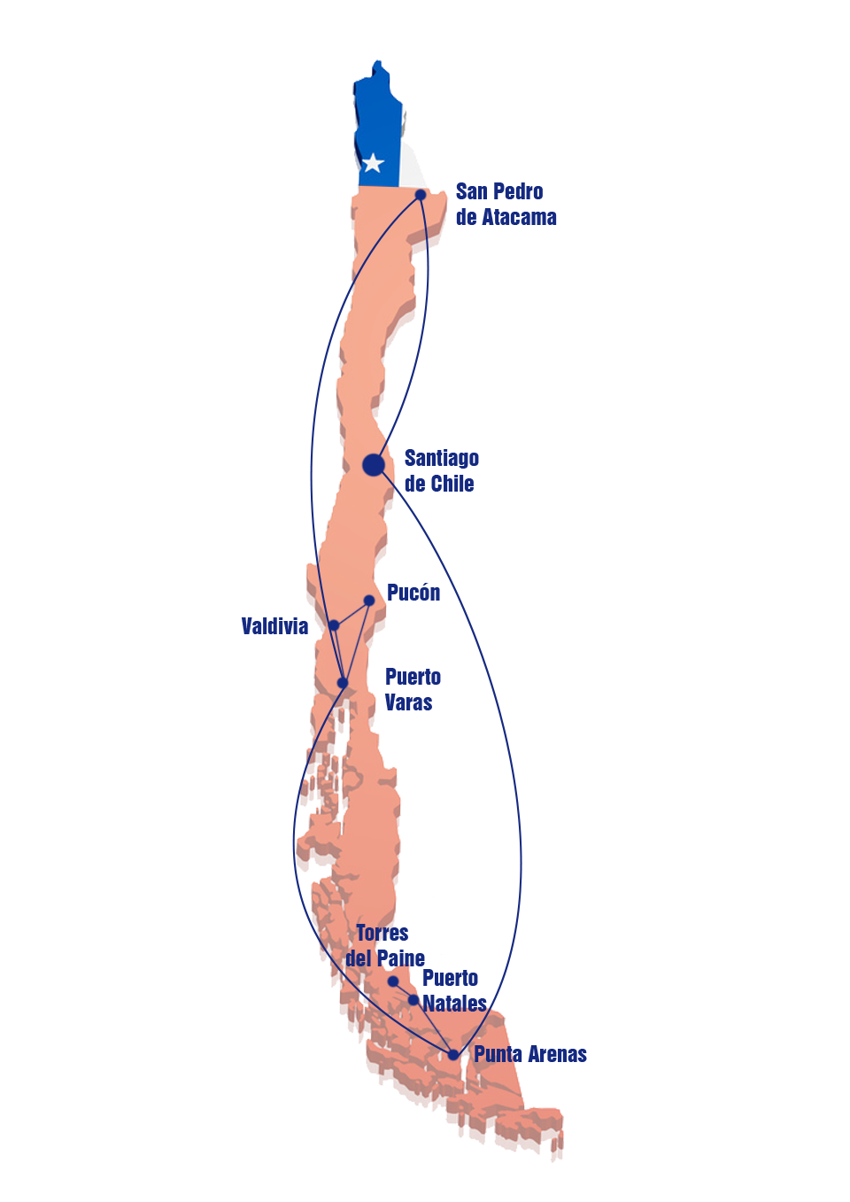 Zo ziet de complete route van deze rondreis eruit op de kaart van Chili Kaart Chili