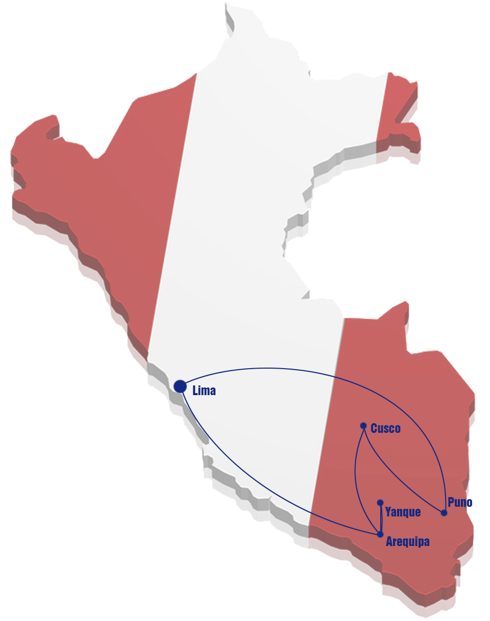 Zo ziet de route van deze korte rondreis eruit op de kaart van Peru Kaart Peru
