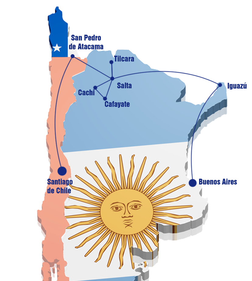 Zo ziet de route van deze gecombineerde rondreis Argentinië en Chili eruit op de kaart Kaart Argentinië en Chili