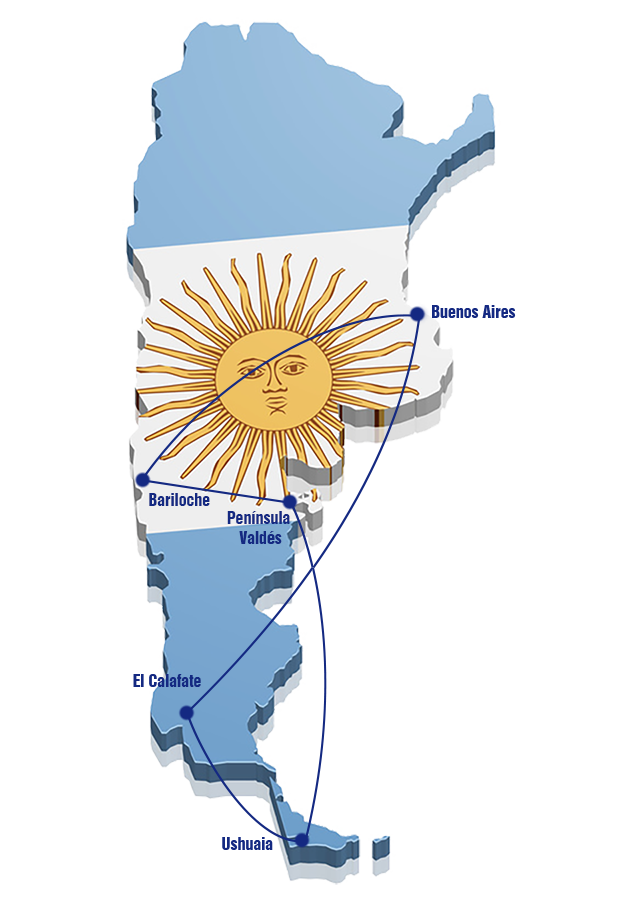 Zo ziet de reisroute van deze individuele rondreis Patagonië en Vuurland eruit op de kaart van Argentinië Kaart Patagonie reis