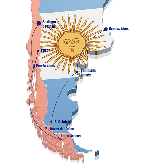 Kaart Patagonie, Argentinie en Chili