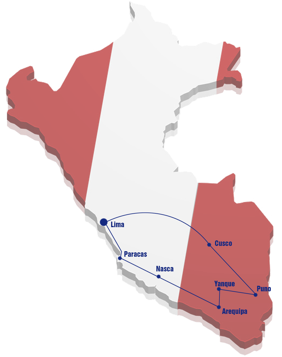 Zo ziet de complete route van deze rondreis eruit op de kaart van Peru Kaart Peru