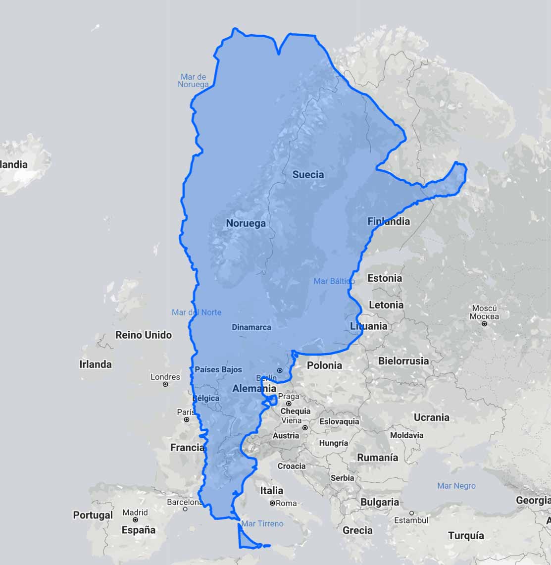 Kaart argentinie geprojecteerd over Europa